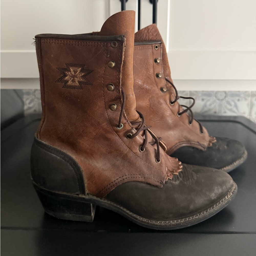 Vintage Abilene Boots Womens 7 Brown Leather Western Packer Kiltie Granny
